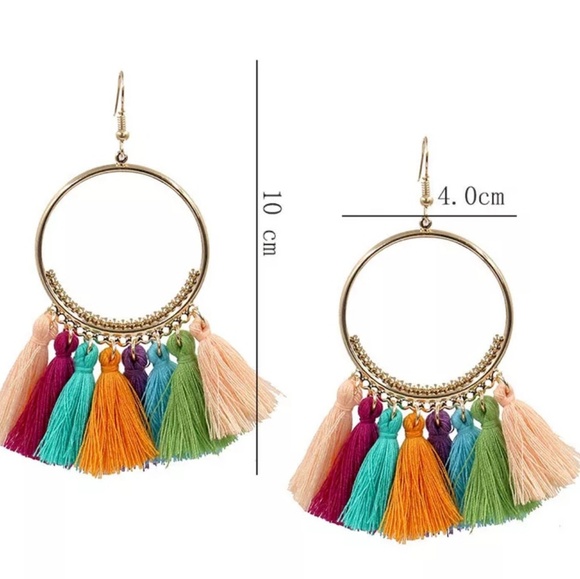 Gypsy Tassel Earrings Pink Color Round Fringe - Picture 3 of 4